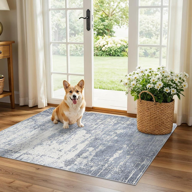 Washable 2x3 Entryway Area Rug: Modern Abstract Neutral Kitchen Rug Vintage Soft Floor Mat for Stove & Sink Area Non-Slip Indoor Farmhouse Carpet for Bathroom Bedroom Boho Beside Rug(2x3,Blue/Ivory)