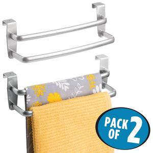 mDesign Modern Kitchen Over Cabinet Strong Steel Double Towel Bar Rack - Hang on Inside or Outside of Doors, Storage and Organization for Hand, Dish, Tea Towels - 9.75&quot; Wide, Pack of 2, Silver Finish