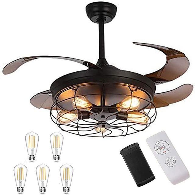 Industrial Retractable Ceiling Fans with Lights - [Update] with 5 LED Bulbs 4 Mode Timing with Remote Controller 42inch Vintage Ceiling Fans with 2 Down Rods for Kitchen Bedroom Living/Dinning Room