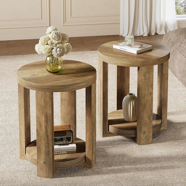 Tribesigns Side Table, 2-Tier Round End Table, Small Bedside Accent Furniture for Living Room, Bedroom (2, Brown)