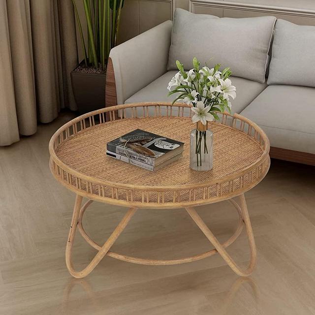 FINECASA Rattan Coffee Table, Tray Top Coffee Table, Wicker Coffee Table, Hand-Woven Rattan Top, Hairpin-Leg, Tray Table, Center Table for Living Room, Round Coffee Table, 32x18 Inches, Natural Wood