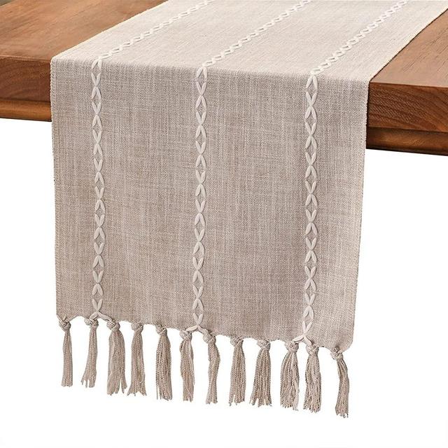 Wracra Rustic Linen Table Runner Farmhouse Style Table Runners 72 inches Long Embroidered Table Runner with Hand-Tassels for Party, Dresser Decor and Dining Room Decorations(Light Coffee, 13"×72")