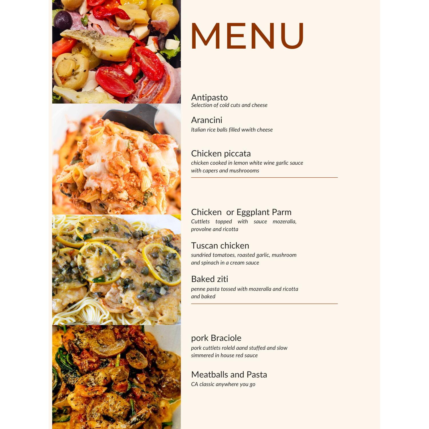 Bella Nonna Food Truck Menu