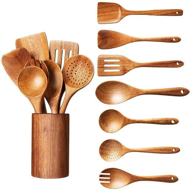 Wooden Spoons for Cooking - 8-Piece Wooden Kitchen Utensil Set with Natural Solid Wood Material - Including Spoons, Spatulas, Ladles, Strainer Spoon, Salad Fork, Mixing Spoon, and Utensil Holder(8pcs)