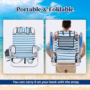 Portable Beach Chair for Adults, Outdoor Camping Chair Lay Flat Folding Backpack Beach Reclining Chair with 5 Positions, Headrest, Cup Holder, Heavy White Striped