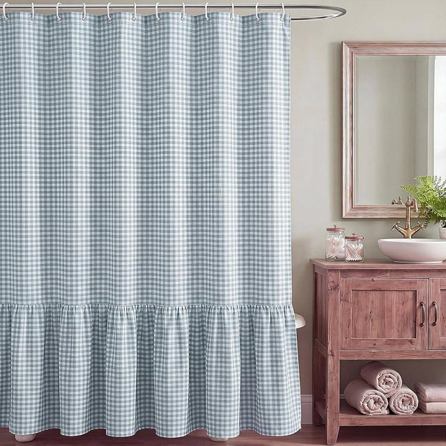 HunnmingRe Ruffle Hem Gingham Shower Curtain 72 x 72 Inch Dust Blue Cotton Vintage Farmhouse Rural Plaid Shower Curtain with 12 Hooks for Bathroom Bathtubs Decor