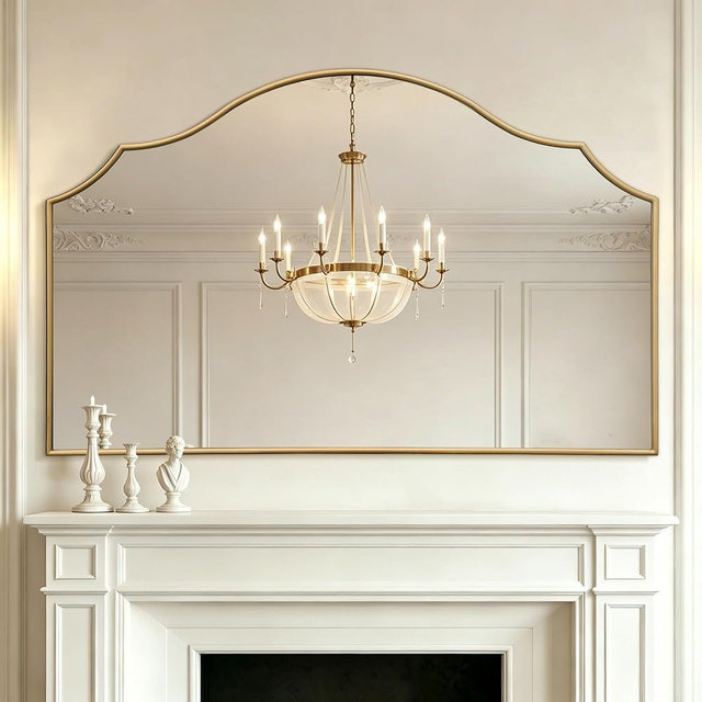Besdomus Oversized Scalloped Gold Mirror: 54"x34" Modern Minimalist Wood Frame Wall Mirror - Decorative Fireplace Arched Mirrors for Bathroom/Entryway/Vanity/Living Room - Home Decor for Fashion Women