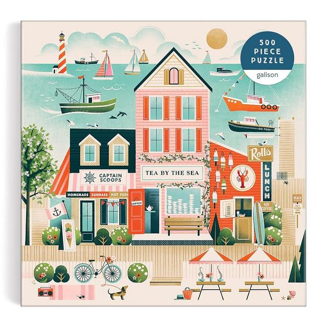 Galison Beside The Sea – 500 Piece Puzzle Fun and Challenging Activity with Bright and Bold Artwork of Charming Village and Sea Scenery for Adults and Families