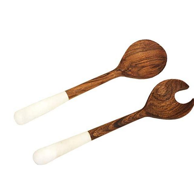 Mountain Woods Set of 2 Luxury & Elegant Himalayan Marble and Solid wood Salad Server/Utensil set - 12"