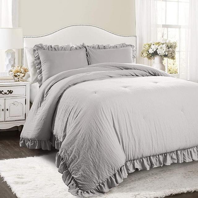 Lush Decor Light Gray Reyna Comforter Ruffled 3 Piece Set with Pillow Sham King Size Bedding