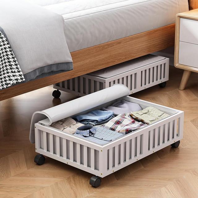 Bamboo Under Bed Storage Containers with Wheels, 2 Pack Under the Bed Shoe Storage Bins, Wood Rolling Underbed Drawers Organizer for Bedroom, Closet, Clothes Blanket Comforter and Under Crib Toy White