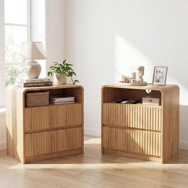 Seang Nightstand Set of 2,Fluted Nightstand with Charging Station & LED Light,Wooden Bedside Table with Curved Profile Design,2 Drawers Storage,Large End Table for Bedroom,Natural