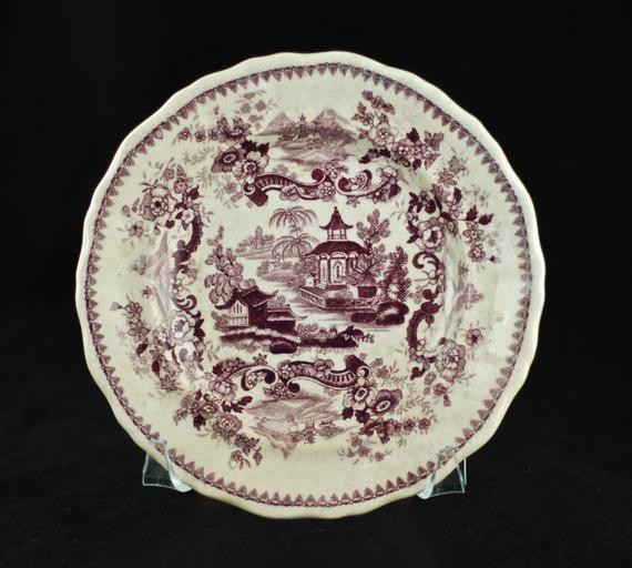 Antique Jackson's Warranted "Indian Pagoda" Purple Staffordshire 7" Plate