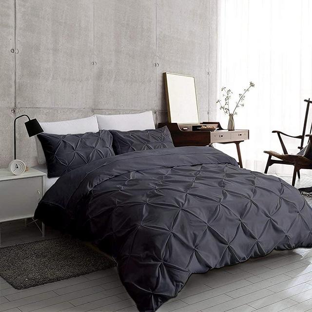 Luxuries Decorative Pinch Pleated Pintuck Duvet Cover Super King Plus 120x120 Size 3 Piece with Zipper Closer & Corner Ties 100% Natural Cotton Soft & Cozy, Dark Grey Solid