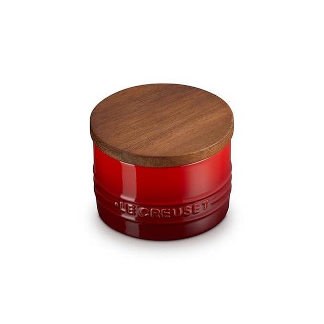Le Creuset Signature Salt Cellar and Storage Canister with Wood Lid, 7 oz., Cerise