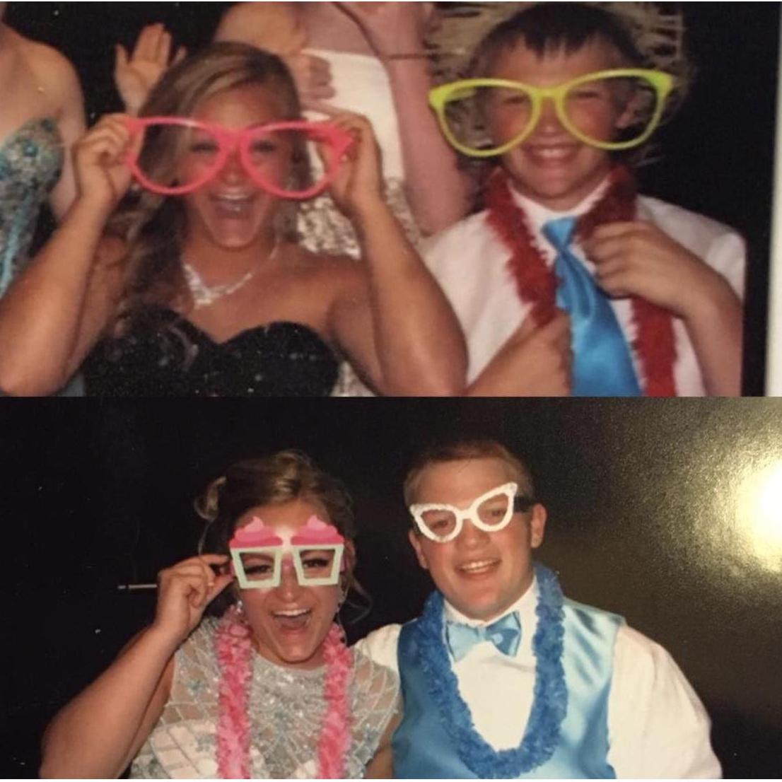 the top pic is where it all began in 2013, our first photo taken together in the 8th grade rec photo booth, bottom pic is in the junior year prom photo booth...crazy how fast time flies!