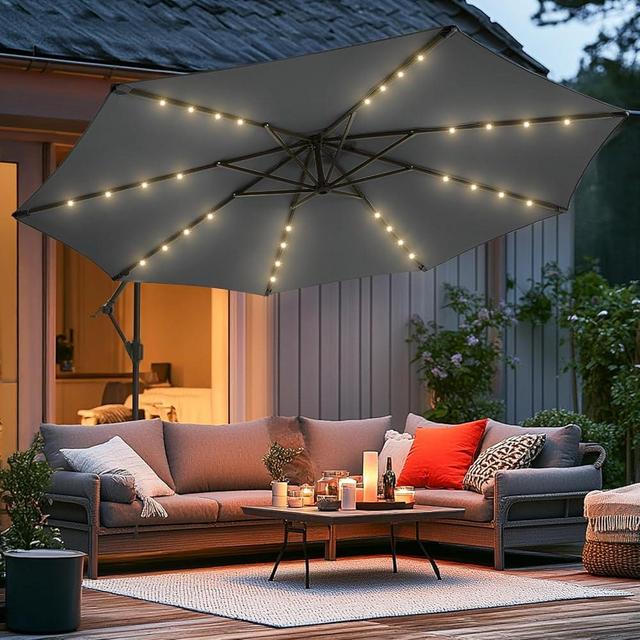 wikiwiki 10ft Solar LED Offset Hanging Market Cantilever Patio Umbrella for Backyard, Poolside, Lawn and Garden, Easy Tilt Adjustment, Polyester Shade & Cross Base, Dark Gray