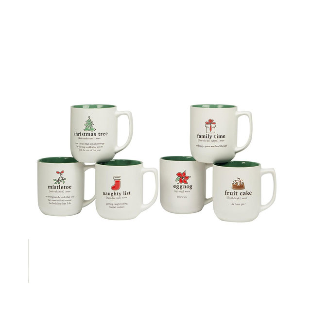 Certified International Christmas Fun Green Sayings 16 oz Mugs Set of 6