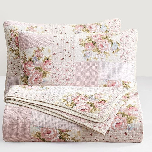 Chezmoi Collection Rosy 3-Piece King Size Printed Patchwork Cotton Quilt Set - Pink Flower Floral Striped Polka Dots - Stone Washed Lightweight Bedspread, King Size