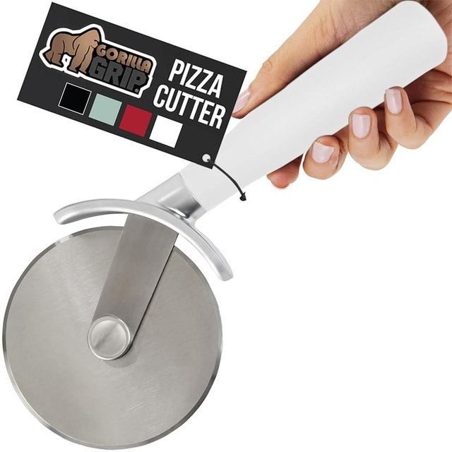 GORILLA GRIP Large Pizza Cutter Wheel, 9 Inch, Rust Resistant Sharp Stainless Steel Blade, Slip Resistant Handle, Thumb Guard Protection, Slice Thick or Thin Pizzas, Pie, Pastries in Seconds, White