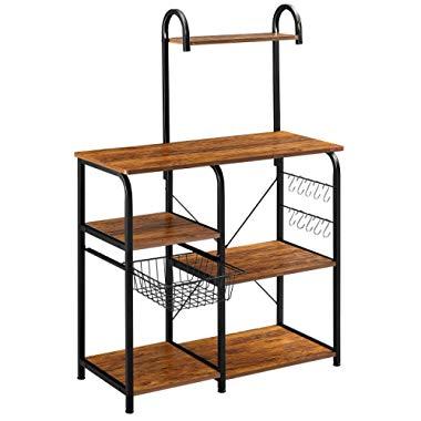 Mr IRONSTONE Vintage Kitchen Baker's Rack Utility Storage Shelf 35.5" Microwave Stand 4-Tier+3-Tier Shelf for Spice Rack Organizer Workstation with 10 Hooks