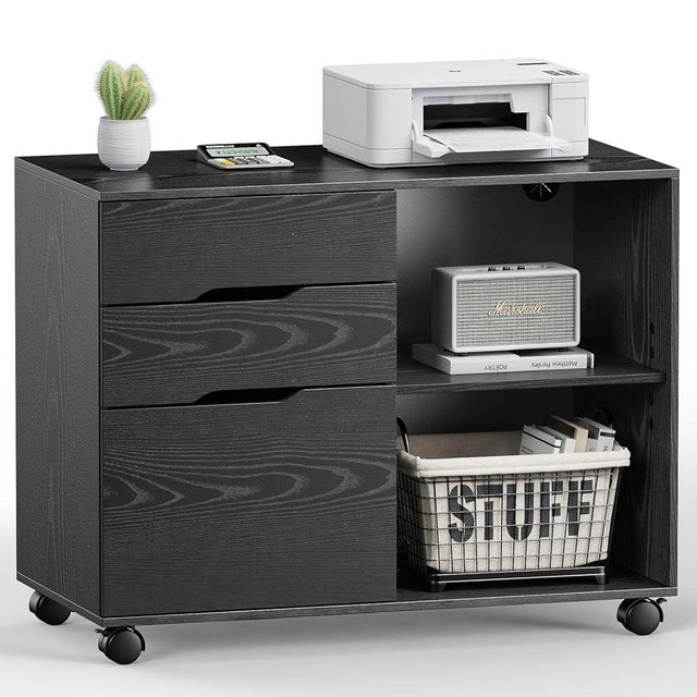 DUMOS Lateral File Cabinet with 3 Drawers Rolling Filing Cabinets Under Desk Storage Printer Stand Wood Organizer with Wheels Adjustable Shelf for Office Home Small Space, Black