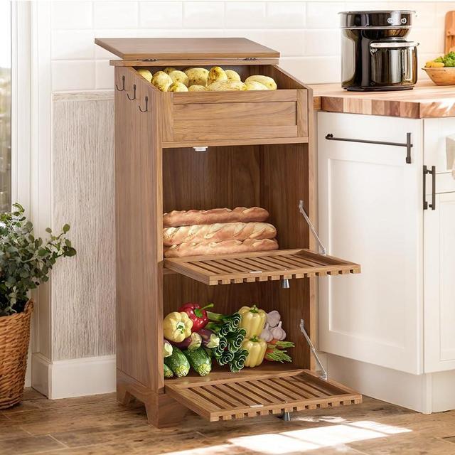 Potato and Onion Storage Bins Box, Wooden Bread Storage for Homemade Bread, Mid Century Modern Fruit and Vegetable Storage, Small Food Kitchen Pantry Cabinet for Snack, Farmhouse, Magnetic Flip-top