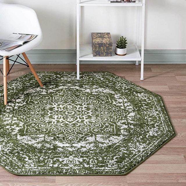 Rugs.com Arlington Collection Rug – 8 Ft Octagon Green Medium-Pile Rug Perfect for Living Rooms, Kitchens, Entryways