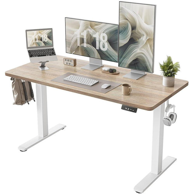 TIQLAB Electric Standing Desk, Adjustable Height Stand up Desk, 55 * 28 Inches Sit Stand Home Office Table with Splice Board, Maple