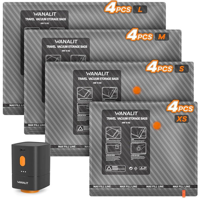 Travel Vacuum Storage Bags with Wireless Rechargeable Electric Pump, 16 Pack Travel Essentials Vacuum Seal Bags for Clothing, Space Saver Compression Packing Bags for Luggage, Suitcase, Backpack, Home