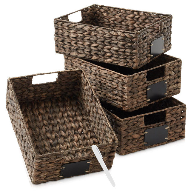 Casafield Water Hyacinth 10" x 13" x 5" Pantry Baskets with Chalkboard Labels and Marker - Espresso, Woven Storage Organizer Bins