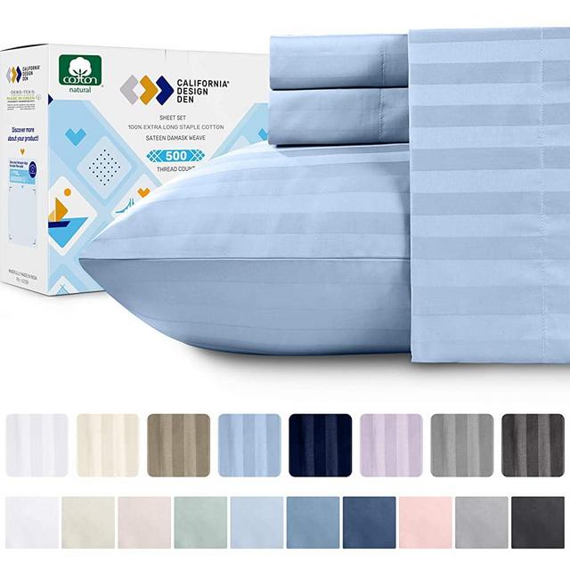 Sky Blue Queen Sheet Set - 500 Thread Count Damask Stripe 4 Piece Sheets, Extra Long Staple Cotton Sateen Weave, Elasticized Deep Pocket Fits Low Profile Foam and Tall Mattresses