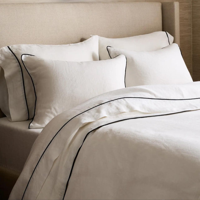 European Linen Piped Deluxe Bedding Bundle - King, White/Black
