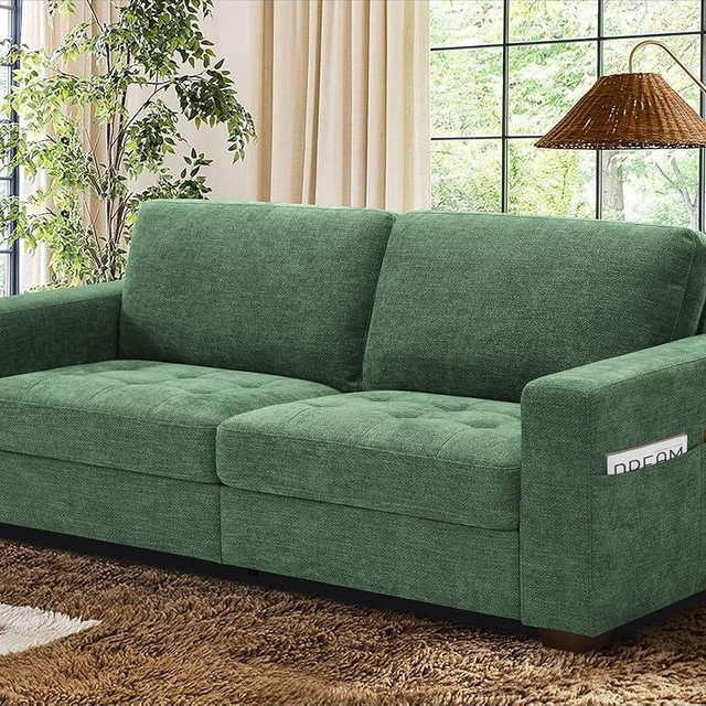 WorthFurni 89 Inch Modern Sofa Couch with USB Port & Side Pockets, Chenille Fabric 3 Seater Couch,Comfy Washable Small Sofas & Couches for Living Room Bedroom Apartment（Green）