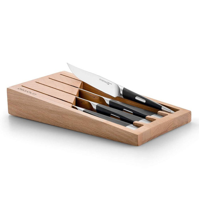 linoroso Steak Knives, Semi Serrated Steak Knife Set of 4, Sharp Forged German Stainless Steel Steak Knives Set with Exquisite Beech Wood Block, Full Tang, Ergonomic Handle- MAKO Series