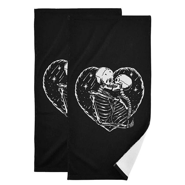ALAZA Skull Skeleton Love Heart Black Hand Towel Set of 2, Soft Absorbent Towel for Home Bathroom Kitchen Gym Beach 28.3X14.4 Inches