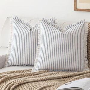 YEENAASY Throw Pillow Covers 22x22 Set of 2 Striped Fringe Pillow Cover Farmhouse Cushion Covers with Tassel Neutral Boho Pillows Decorative Square Pillowcase for Couch Sofa Bed, Blue