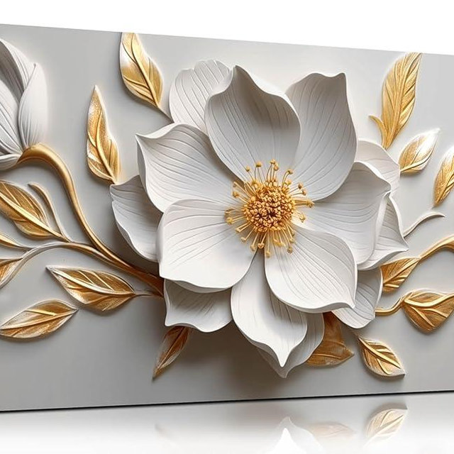 Canvas Wall Art for Living Room Bedroom Office White and Gold Flower Artwork Large Botanical Floral Wall Art Framed Wall Decor Modern Canvas Prints 20x40 In