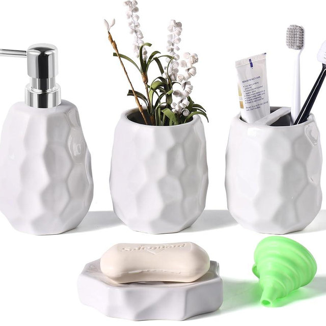 Ceramic Bathroom Accessories Set 4 PCS,Bathroom Toothbrush Holder Set,Soap and Toothbrush Holder Set,Include Toothbrush Holder,Soap Dispenser,Tumbler,Soap Dish,Bathroom Sets Decor Organizer (White)