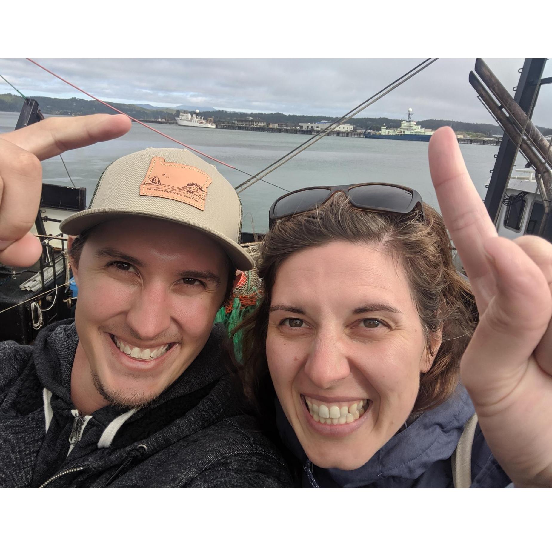 NOAA Ship Hiʻialakai and RV Atlantis. Evan was at sea on the Hiʻialakai in the tropical Pacific, and Kelle on the Atlantis in temperate Pacific and tropical Atlantic. A rare sighting together in OR!