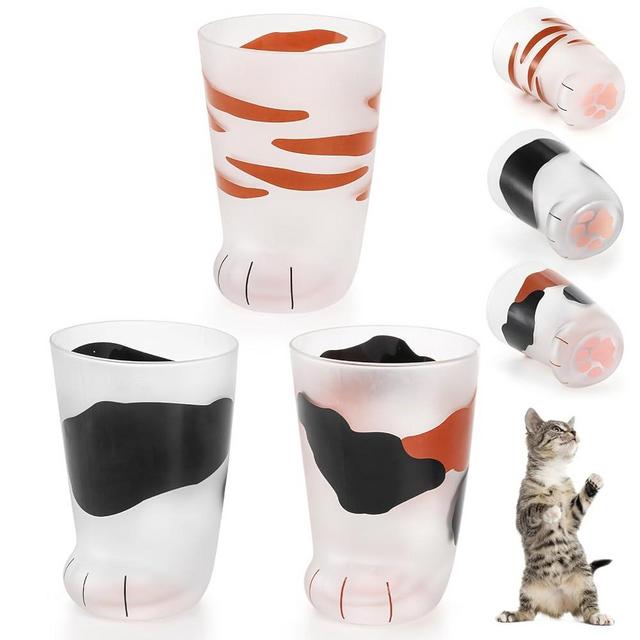TOPZEA 3 Pack Novelty Cat Paw Cups, 10oz Cute Cat Claw Print Glass Coffee Mug Personality Cat Foot Breakfast Milk Cup Beverage Drinking Tumbler Glasses for Kids, Birthday Christmas Gift Set