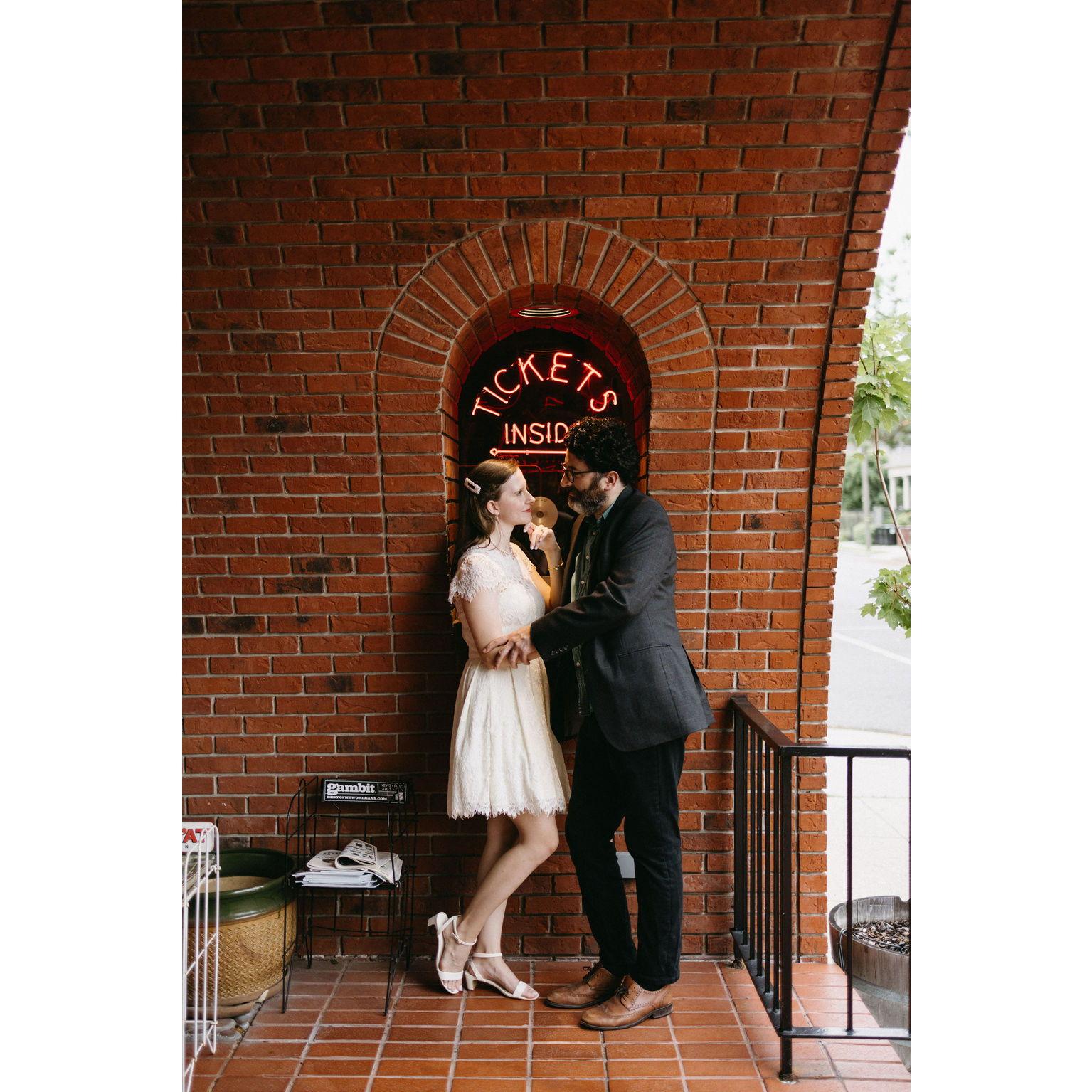Engagement photo shoot at the historic Prytania Theatre in Uptown New Orleans.