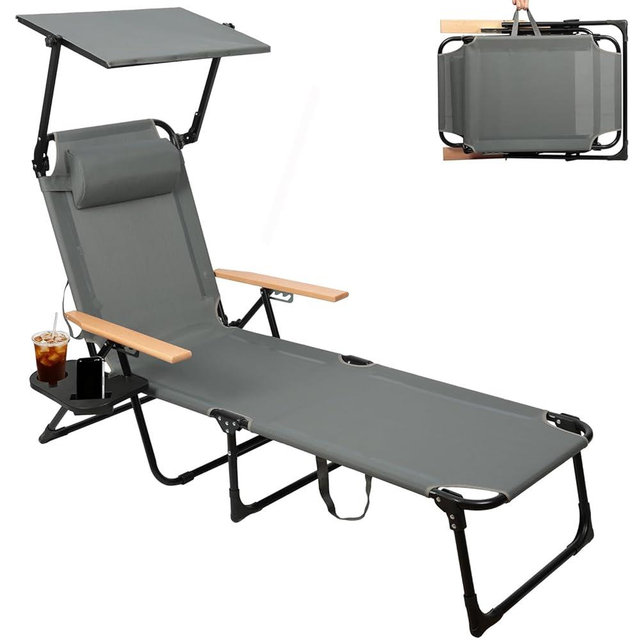 Cozykimo Tanning Chairs for Outside with Canopy, Folding Lounge Chairs, Tanning Chair with 4 Adjustable Backrest & Cup Holders & Pillow,Holds 330 Lb, Outdoor Garden Pool