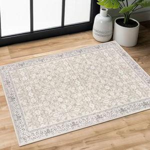 2x3 Grey Begie Washable Rug Soft Area Rug for Entryway, Non-Slip Indoor Door Mat Distressed Floral Low-Pile Kitchen Rugs, Neutral Vintage Carpet for Entrance Kitchen Bedside Farmhouse