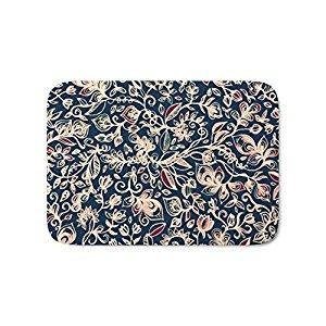 Society6 Navy Garden - Floral Doodle Pattern In Cream, Dark Red & Blue Bath Mat 17" x 24"