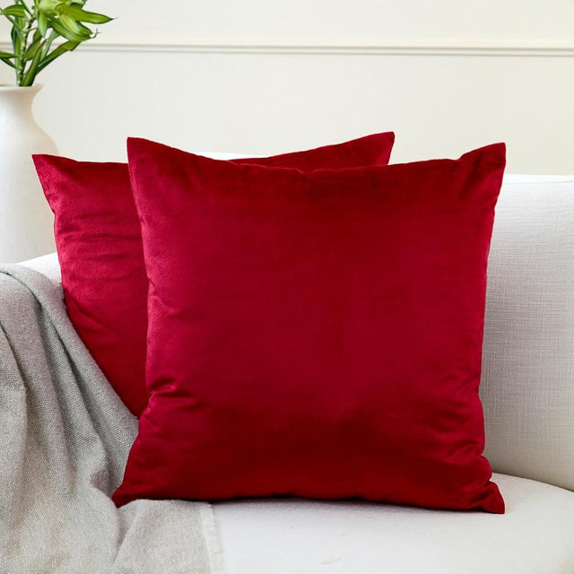 Encasa XO Velvet Throw Pillow Covers 18x18 in (45x45 cm) - Red - No Inserts, Pack of 2 Cases | Solid Plain Dyed Soft & Smooth, Square Decorative Cushion Covers for Living & Bedroom