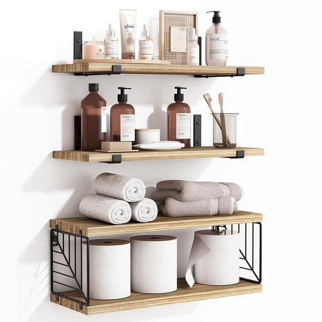 Fixwal 3+1 Tier Bathroom Floating Shelves Over Toilet, 15.8in Farmhouse Rustic Wood Shelves, Wall Decor for Bathroom, Living Room,Bedroom and Kitchen (Rustic Brown)