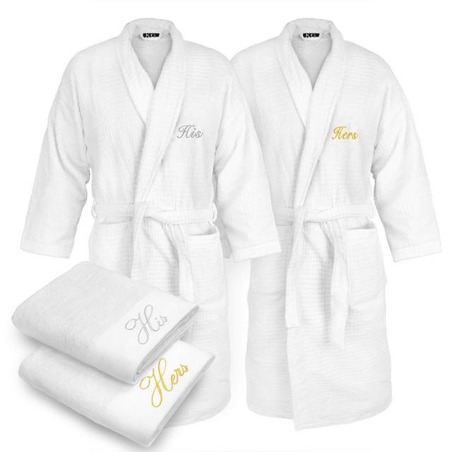 Kaufman - Terry Cloth Bathrobes 100% Cotton - His and Hers Embroidered Sugar Cube Set of Robes with His and Hers White Towel Set 30''x58'' 4-PK