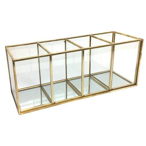 Isaac Jacobs 4-Compartment Organizer- Makeup Brush Holder- Vintage Style Brass and Glass Storage Solution with Mirror Base- Office, Bathroom, Kitchen Supplies and More (Antique Gold)