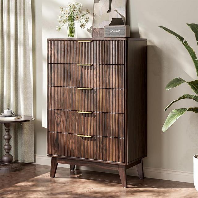 Butinsx Modern Fluted 5 Drawer Tall Dresser, 48" H, Walnut, Curved Profile Design, Mid Century Wood Chest of Drawers for Bedroom, Living Room, Hallway